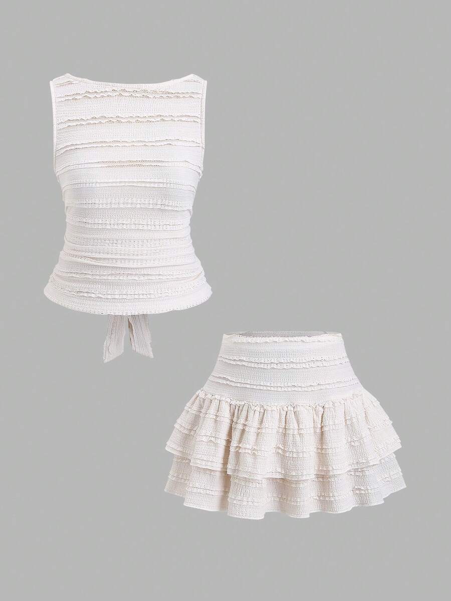 Sweetra 女士纯色纹理圆领背心和蛋糕中长裙两件套 - 杏色 - 查看 1