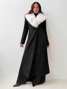 Aloruh Women's Elegant Long Overcoat With Fur Collar, Autumn/Winter Winter Elegant Casual - Black - View 6