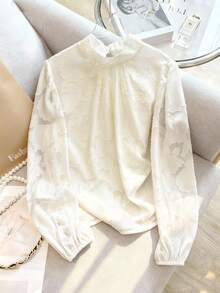 Franclia 女士时尚立领雪纺镂空衬衫 - 杏色 - 查看 2