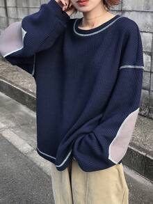 FRIFUL 女士撞色圆领落肩长袖撞色明线装饰休闲宽松百搭T恤，秋冬款 - 藍色 - 查看 6
