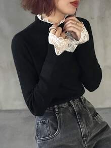 FRIFUL 女士撞色高领长袖蕾丝边袖口及下摆宽松休闲套头毛衣，秋冬款 - 黑色 - 查看 6