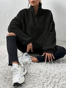 SHEIN EZwear 加大码黑色毛绒高领半拉链卫衣，秋冬卫衣 - 黑色 - 查看 1