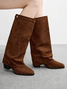 CUCCOO BIZCHIC 女士咖啡色绒面革方头粗跟高筒靴，休闲通勤高筒过膝靴，适合秋冬季穿着 - 咖啡棕 - 查看 3