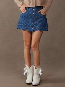 WESTFADE High Waist Scalloped Button Front Bow Jacquard Cotton Blend A Line Mini Denim Skirt Fall, Casual, Autumn, Winter, Boho, Cute, Western Wear, Country Concert, NYE, New Years Eve, Christmas, Holiday - Medium Wash - View 1