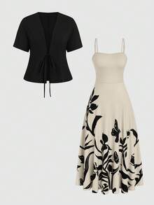 SHEIN Clasi Bộ đồ lót liền thân cạp chun cỡ lớn có viền ô và áo khoác cardigan tay ngắn - Đen và trắng - Xem 1