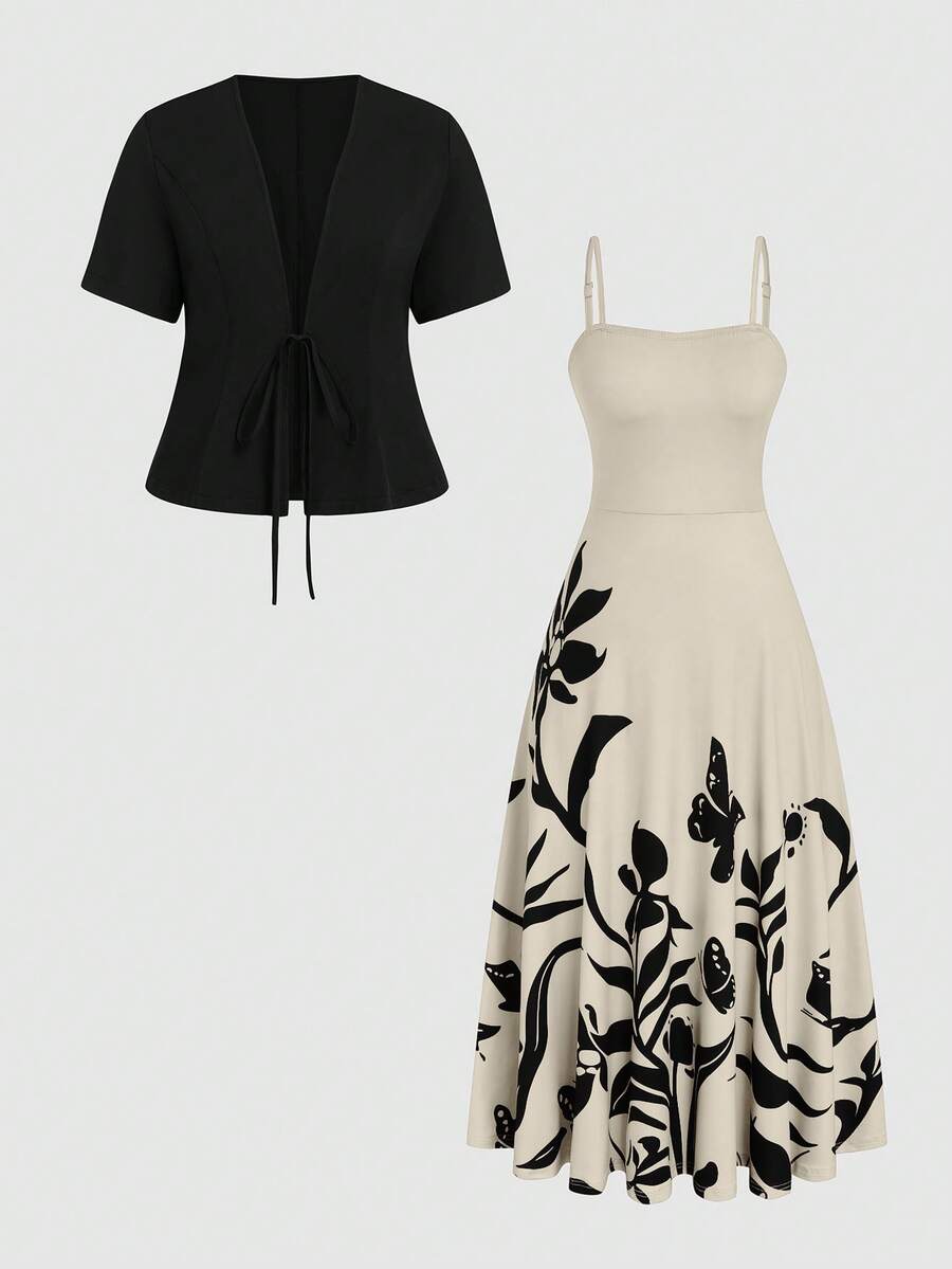 SHEIN Clasi Bộ đồ lót liền thân cạp chun cỡ lớn có viền ô và áo khoác cardigan tay ngắn - Đen và trắng - Xem 1