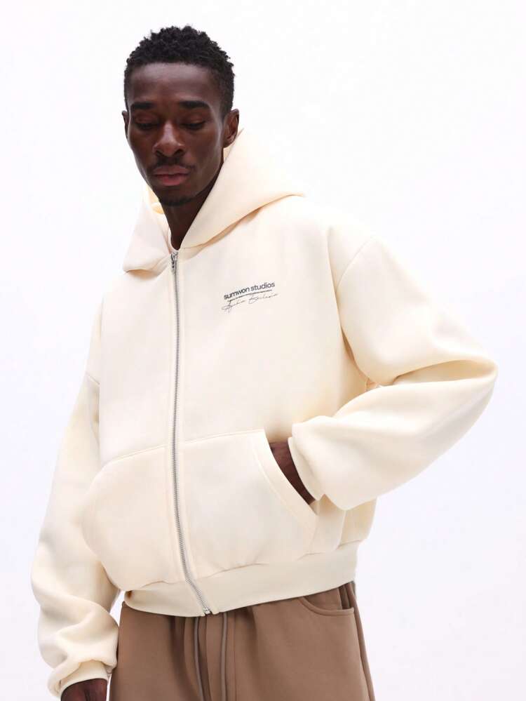 SUMWON Regular Cream Zip Up Hoodie With Stylographic Print Signature Exclusive Soft Fleece Sweatshirt Casual Streetwear