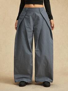 Easelle 休闲复古低腰直筒阔腿弹力腰格子女裤 - 藍色 - 查看 6