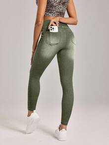 SHEIN Tall Quần Jeans Denim Nữ Fade Casual Casual Casual - xanh quân đội - Xem 2