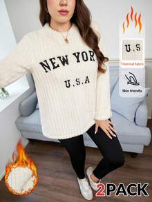 SHEIN LUNE Plus Size Women's Beige 2 Pieces Set Winter Casual School Independence Day Letter Embroidery Fleece Sweatshirt&Black Leggings New York Streetwear - Multicolor - View 2