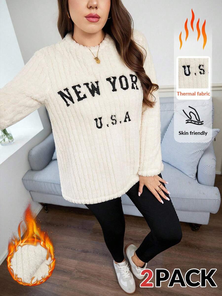 SHEIN LUNE Plus Size Women's Beige 2 Pieces Set Winter Casual School Independence Day Letter Embroidery Fleece Sweatshirt&Black Leggings New York Streetwear
