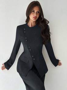 Firerie 女士优雅通勤日常百搭街头时尚新款不对称翻领纽扣腰长袖西装外套和高腰长裤卡其灰色两件套西装套装秋冬女装 - 藏蓝色 - 查看 6