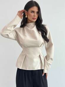 Firerie Women's Elegant Commute & Casual Vintage Bamboo Texture Stand Collar Long Sleeve Gathered Waist Pleated Design Regular Fit Shirt, Autumn/Winter New Ladies Blouse,Elegant Blouses For Women,Spring Women - Apricot - View 7