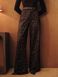 Anewsta Petite New Fashionable Leopard Print Stretch Straight-Leg Pants For Petite Women - Coffee Brown - View 3