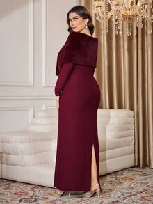 Modelyn Vestido elegante de mujer de talla grande con cuello de piel sintética desmontable - Burdeos - Ver 2