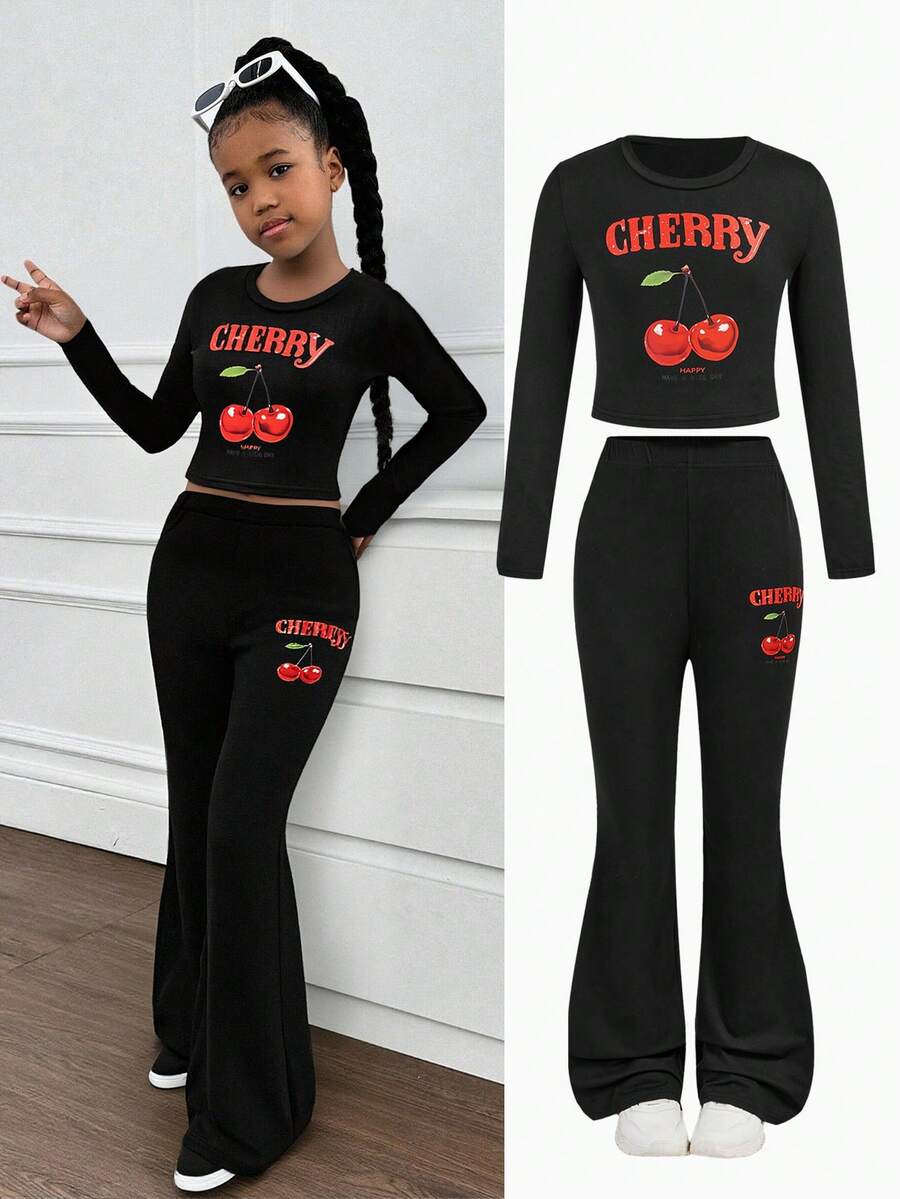 SHEIN Tween Girls Fashion Casual Cherry Print Long Sleeve T-Shirt And Flare Pants Set, Autumn/Winter - Black - View 1