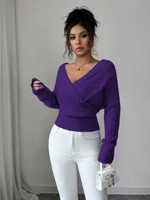 SHEIN Elenzya 女士V领纯色交叉裹身长袖露背短款针织毛衣 - 紫色 - 查看 3