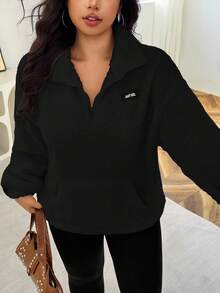 Solflare Plus Size Women's Casual Loose Fit Drop Shoulder Black Sweatshirt, Autumn/Winter - Black - View 5