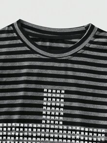 ROMWE MEN Goth Men's Striped Rivet Cross Slim Fit Long Sleeve T-Shirt - Black and White - View 3