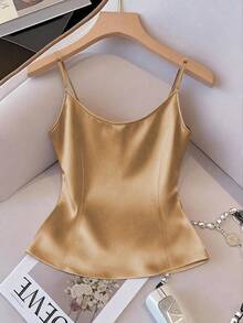 GlowEve Áo hai dây không tay, bó eo, chất liệu vải dệt bóng dành cho nữ, thích hợp mặc vào mùa xuân, thu, đông - màu nâu - Xem 2