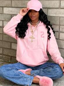 Rovax Women's Casual Letter Patch Drawstring Sweatshirt, Autumn - Pink - View 4