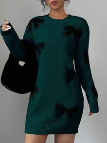 Elenzga Casual Bowknot Short Sweater Dress, Basic Autumn/Winter - Dark Green - View 3