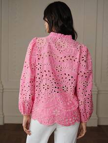 Aveloria Rosie Nueva blusa casual de estilo francés para otoño con bordado intrincado, diseño calado y detalle de volante plisado, de manga larga - Rosa - Ver 7