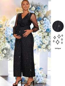 Loomaby Pregnant Women's Crossover V-Neck Mesh Lantern Sleeve Wide Leg Jumpsuit,Gender Reveal Dress,Maternity Dress, Baby Shower Dress Black Sequin Jumpsuit Mesh Jumpsuit Black Wedding Guest Dress Luxury Dress For Women Sheer Jumpsuit - Black - View 7