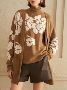 Arave Conjunto de 2 piezas de mujer con suéter de cuello alto tejido con estampado floral vintage, conjunto informal para otoño/invierno - Camel - Ver 6