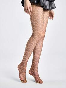 ROMWE Goth 1 par de medias con estampado escocés oscuro y estampado de leopardo, estilo gótico - Amarillo - Ver 5