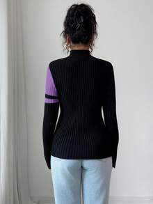 Elenzga Áo len chui đầu cổ cao màu đen vá viền xanh lá cây thời trang dành cho nữ, quà tặng Giáng sinh, Năm mới, Lễ tạ ơn - Màu tím - Xem 2