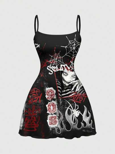 Anime Horror Dark Scary Bloody Eye Cross Monster Graphic Mini Dress For Women