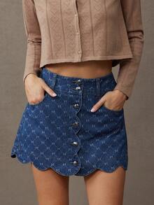 WESTFADE High Waist Scalloped Button Front Bow Jacquard Cotton Blend A Line Mini Denim Skirt Fall, Casual, Autumn, Winter, Boho, Cute, Western Wear, Country Concert, NYE, New Years Eve, Christmas, Holiday - Medium Wash - View 5