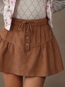 WESTFADE 抽绳腰带纽扣前开襟西部风格A字迷你灯芯绒裙，适合秋季、冬季、圣诞节、节日、新年、波西米亚风、休闲、西部服饰 - 卡其色 - 查看 1