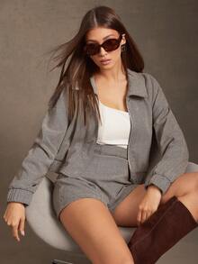 L'Amorae Áo khoác Raglan xương cá có khóa kéo thường ngày dành cho nữ, mùa thu - Màu Khaki - Xem 4