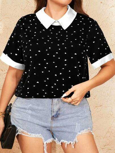 SHEIN LUNE Plus Size Colorblock Hem Casual Versatile Short Sleeve Shirt