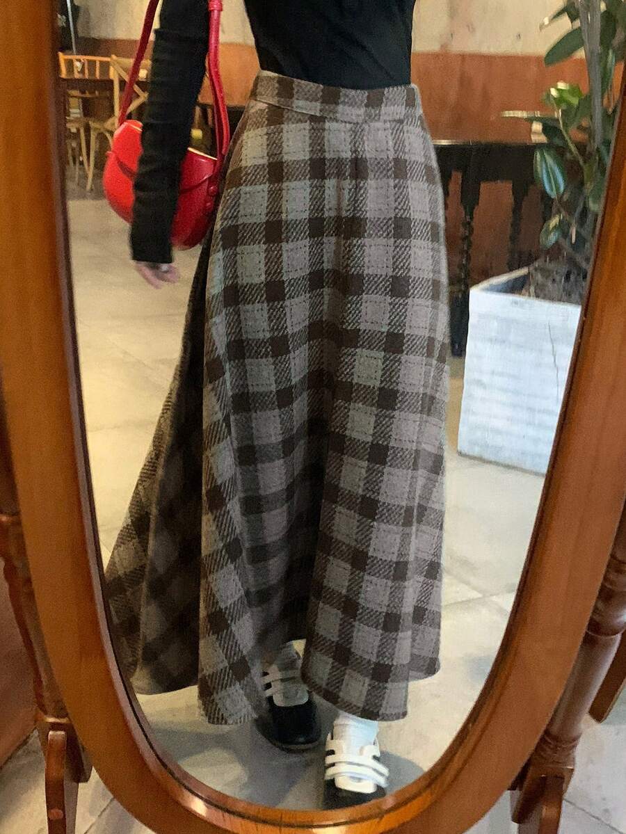 DAZY 休闲通勤格子长裙，秋冬季 - 霧霾藍 - 查看 1