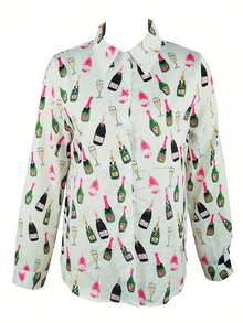 EMERY ROSE Camicia casual a maniche lunghe da donna con stampa a motivo di bottiglie da festival della birra, design del colletto, adatta per tutte le stagioni, con dettagli di bottoni, motivo a cartoni animati - Multicolore - Visualizzare 3