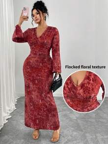 SHEIN Elenzya Plus Size Women Knit Printed Mesh Regular Fit Flare Sleeve V-Neck Waist Cinched Dress, Elegant For Autumn/Winter - Red - View 1