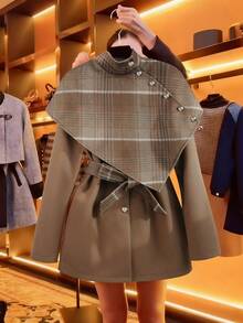 GlowEve 女士单排扣格子羊毛斗篷，优雅休闲街头风，适合日常通勤、商务出行、浪漫约会、派对、圣诞节等场合，驼色中长款大衣，秋冬款 - 彩色 - 查看 1