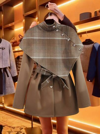 GlowEve Women's Single-Breasted Plaid Woolen Cloak, Elegant Casual Street Style Everyday Commute Business Romantic Date Party Christmas, Camel Color Mid-Length Coat, Autumn/Winter