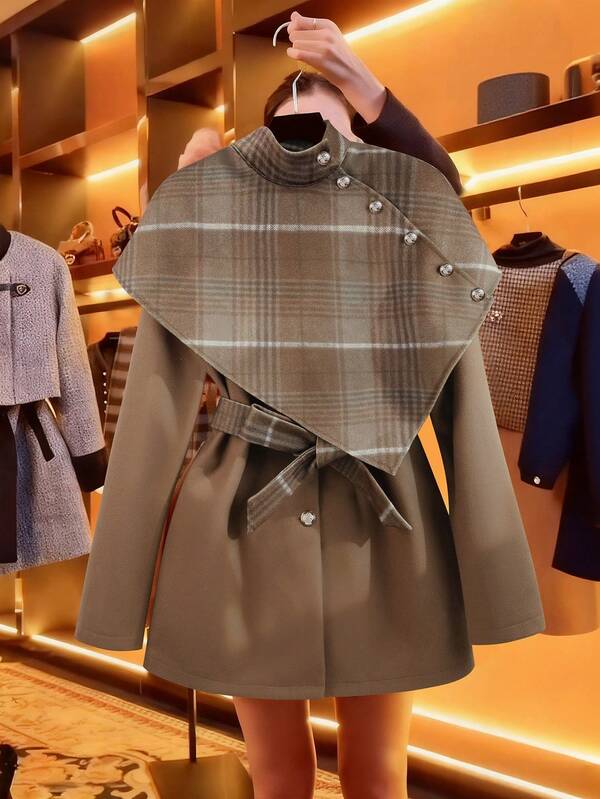 GlowEve 女士单排扣格子羊毛斗篷，优雅休闲街头风，适合日常通勤、商务出行、浪漫约会、派对、圣诞节等场合，驼色中长款大衣，秋冬款