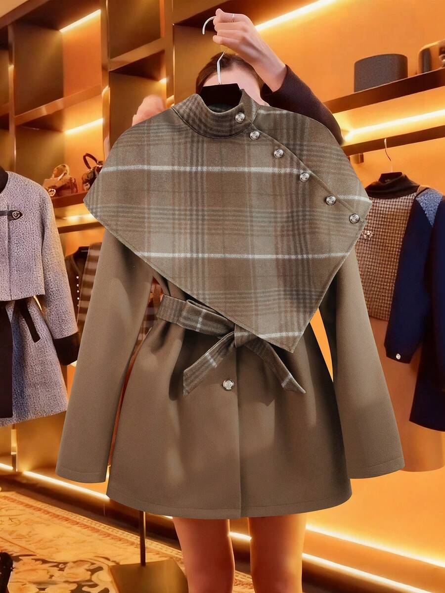 GlowEve 女士单排扣格子羊毛斗篷，优雅休闲街头风，适合日常通勤、商务出行、浪漫约会、派对、圣诞节等场合，驼色中长款大衣，秋冬款 - 彩色 - 查看 1