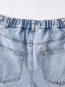 SHEIN ChillGRL Tween Girl Jeans - 2025 Autumn/Winter New Arrival. Fashionable Wide Leg Jeans With Cute Heart Embroidery, Vintage Distressed Denim, Y2K Collegiate Style, Casual, Adorable, Retro. Heart Embroidery, Ripped Details, Comfortable Cotton Denim, Blue Jeans For All Seasons, Stylish And Wide Leg Jeans Jean Pants Embroidery Full For 11 To 12 Year Old With Plant Pants With Flowers - Blue - View 3