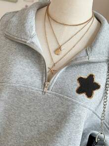 INAWLY Áo khoác nỉ nữ dáng rộng có khóa kéo - Xám - Xem 5