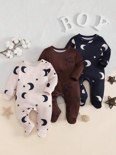 Newborn Baby Pajamas-3 Pack Newborn Baby Sleepwear Moon Star Constellation Print Round Neck Long Sleeve Footed Jumpsuit Comfortable Soft Gentle Stretch Easy Snap Closure Machine Washable Neutral Colors Pink Brown Navy Perfect Newborn Gift Holiday 2026
