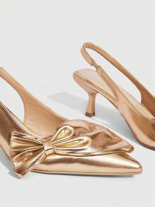 CUCCOO SZL Women's Pointed Toe Slingback Pumps With Bowknot Decor, Stiletto Heel, Backless Design, Elegant & Sexy - Rose Gold - View 5