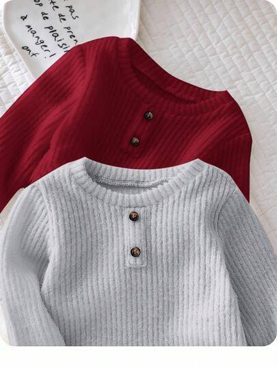 SHEIN 2 piezas Conjunto de 2 piezas para bebé recién nacido niño/niña gris y blanco para otoño/invierno, jersey de cuello redondo de punto acanalado de manga larga con botones decorativos, estilo vintage casual y versátil minimalista para el hogar y salidas