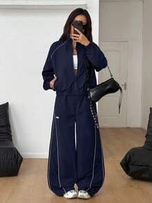 Coolane Women's Winter Clothes Streetwear Casual Athleisure Going Out Reflective Lapel Coat And Parachute Pants Pants Navy Blue ,2pcs,Fall,Fall Clothes For Women - Navy Blue - View 5