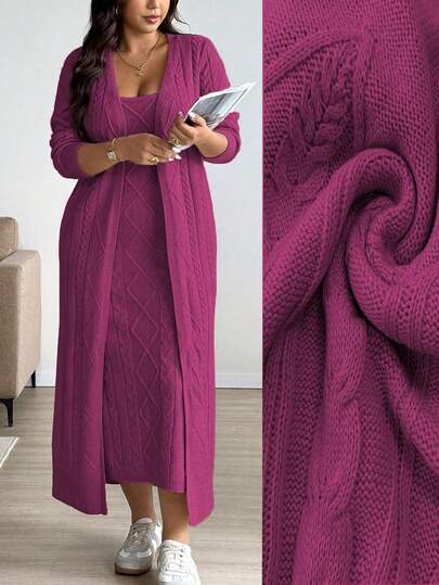 Easura Conjunto de suéter largo de punto grueso de cable para mujer talla grande, vestido de suéter sin mangas y cárdigan de manga larga de moda casual, adecuado para salidas, vacaciones, fiestas